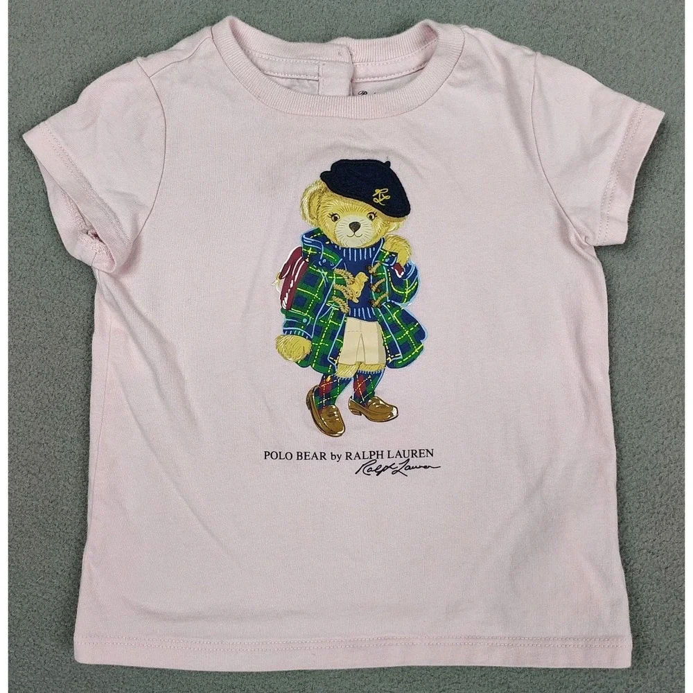 Ralph Lauren Polo Bear Baby Girl Top 12 Month Pink Beret Tartan Plaid Preppy EC
